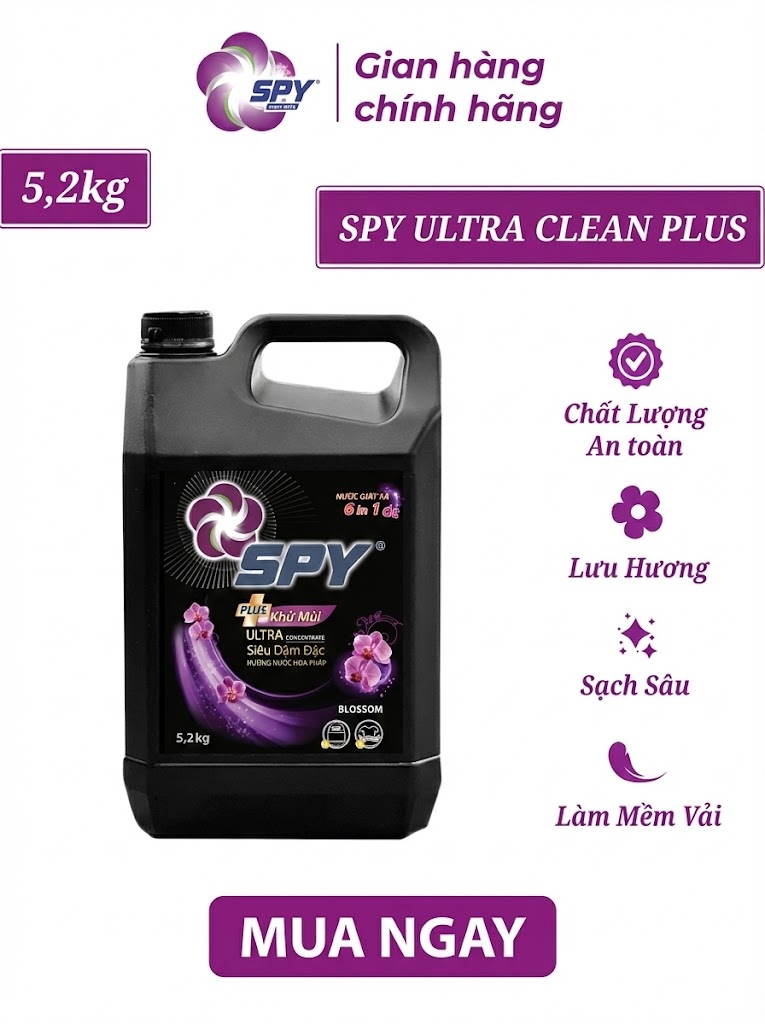 Nước Giặt Xả 6 Trong 1 SPY Plus Siêu Đậm Đặc Hương Tím, Sạch Sâu, Thơm Lâu, Can 5.2kg